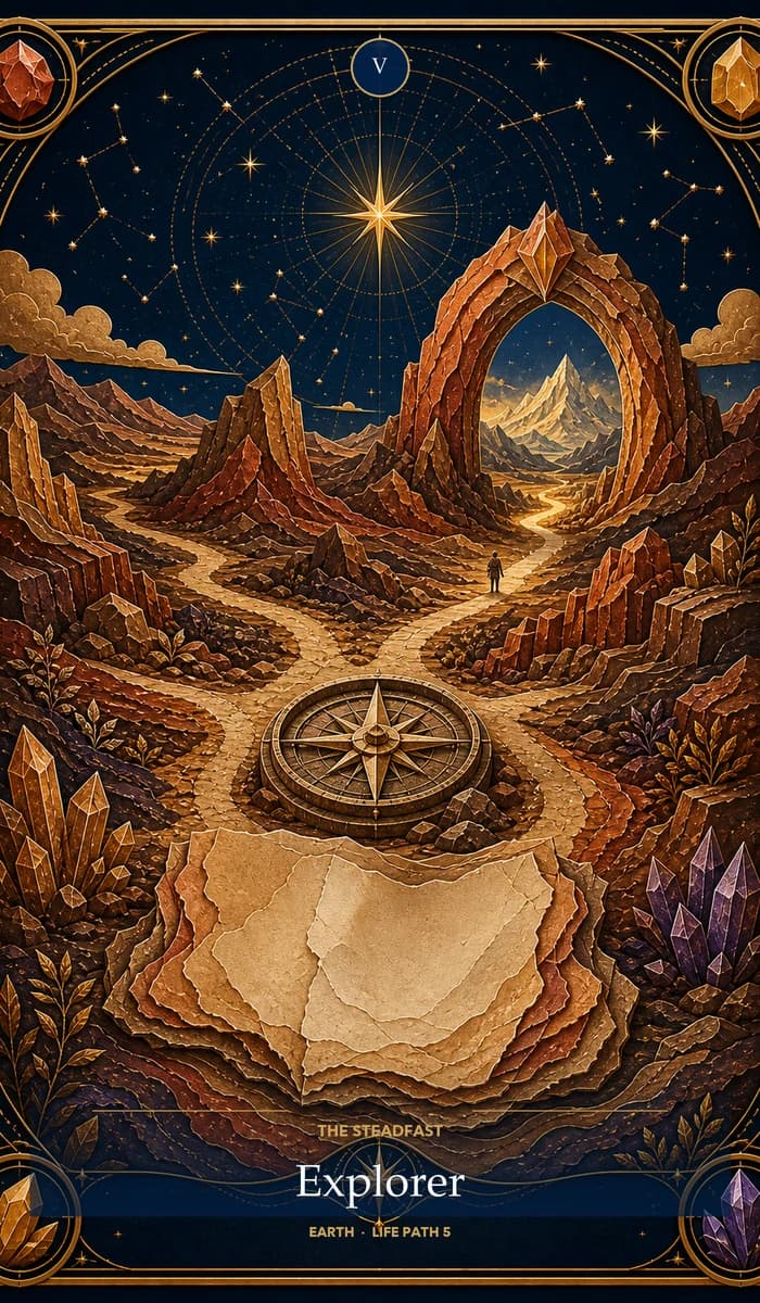 The Steadfast Explorer — Earth, Life Path 5 identity card