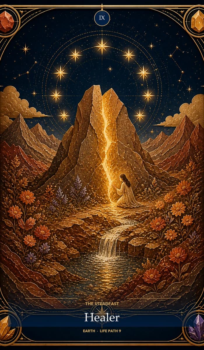 The Steadfast Healer — Earth, Life Path 9 identity card