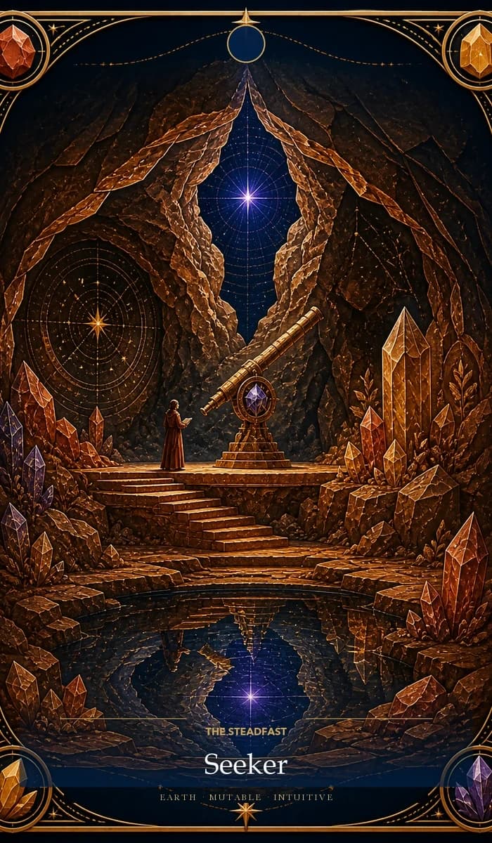 The Steadfast Seeker · Earth, Mutable Sun, Intuitive plane identity card