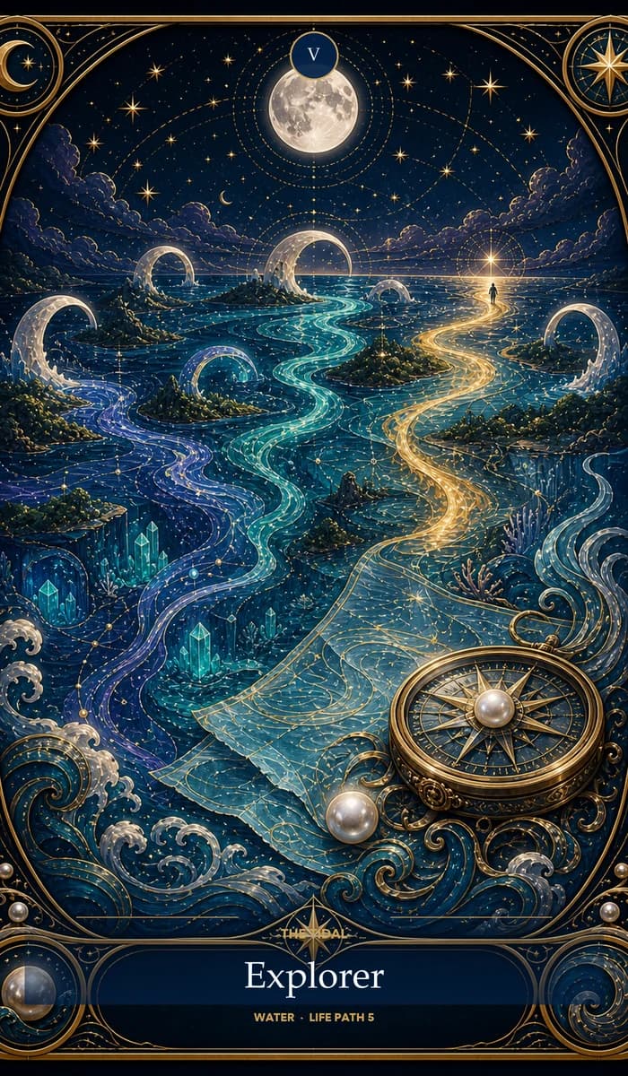 The Tidal Explorer — Water, Life Path 5 identity card