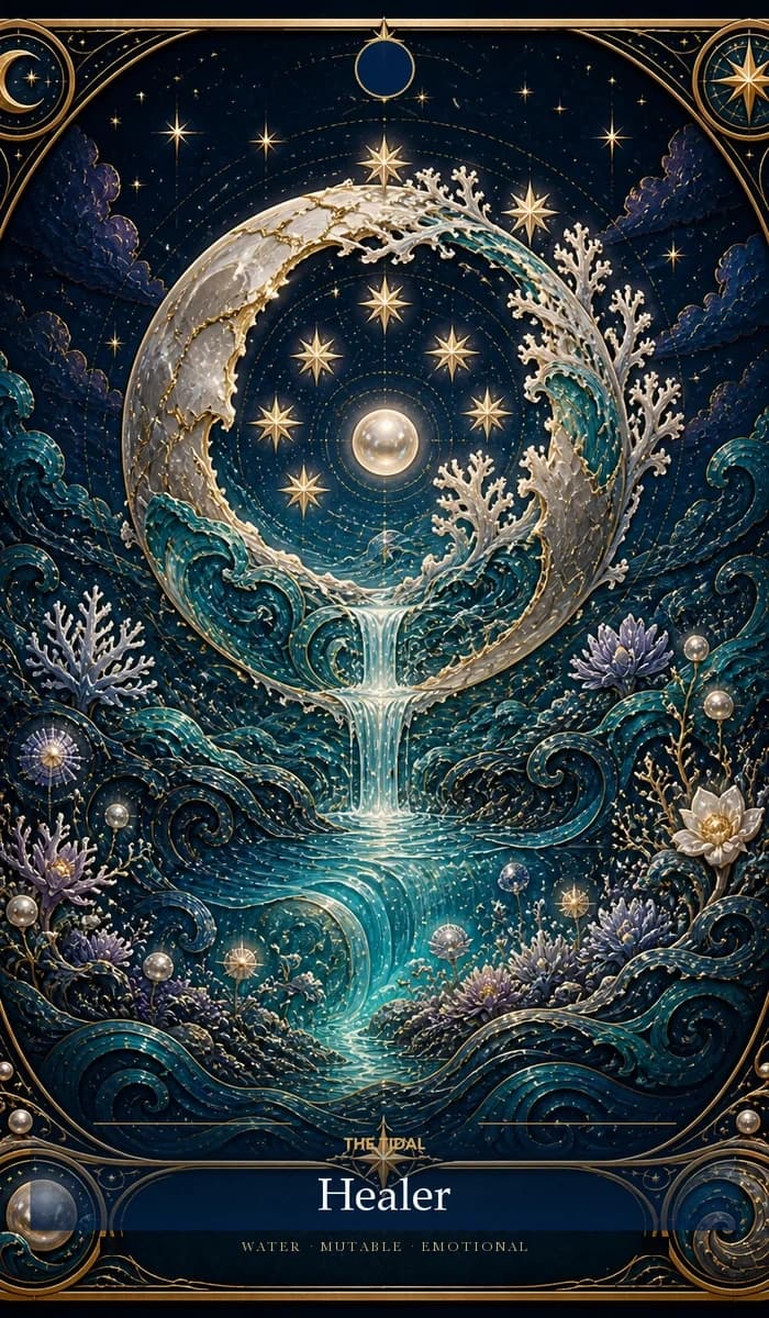 The Tidal Healer · Water, Mutable Sun, Emotional plane identity card