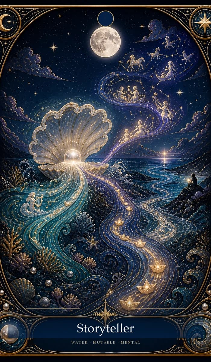 The Tidal Storyteller · Water, Mutable Sun, Mental plane identity card